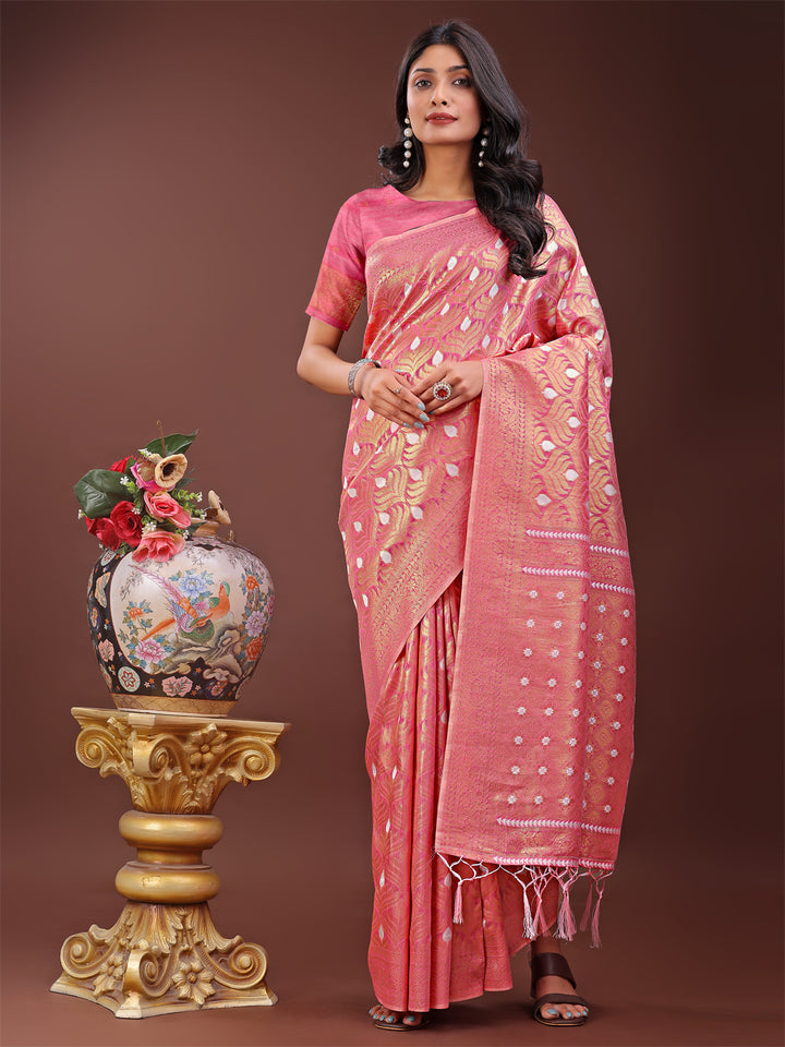 Pink Colour Cotton Saree With Printed Work With Blouse Piece