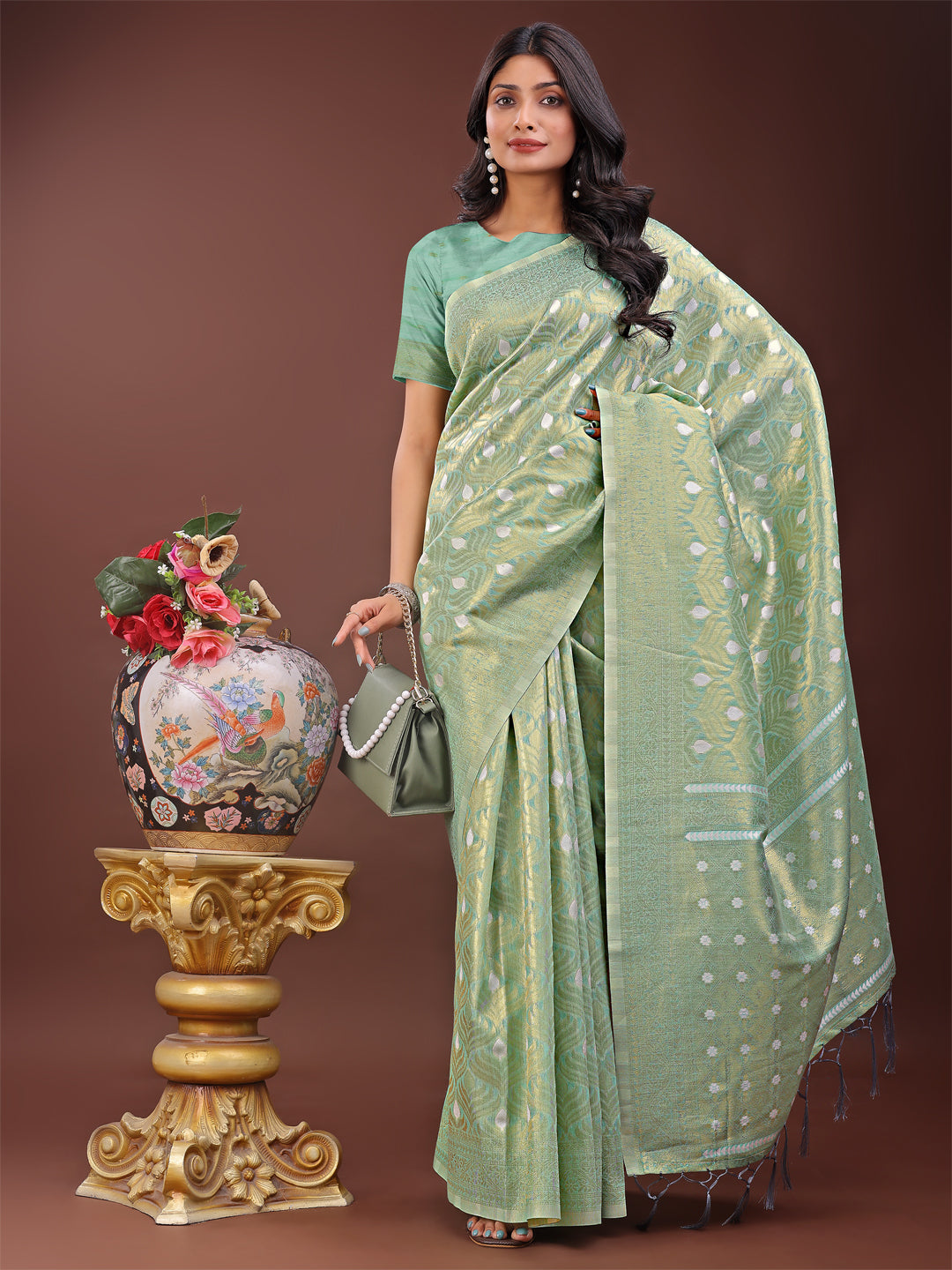 Teal Colour Cotton Saree With Printed Work With Blouse Piece