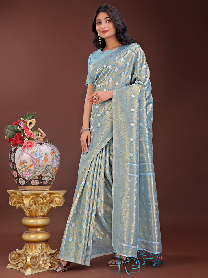 Sky Blue Colour Cotton Saree With Printed Work With Blouse Piece