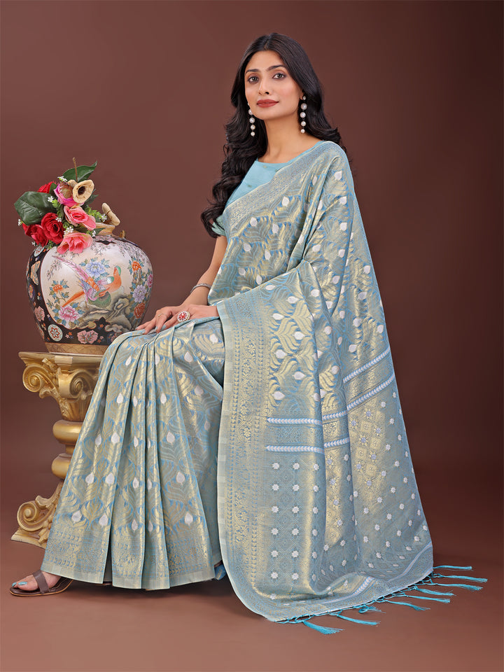 Sky Blue Colour Cotton Saree With Printed Work With Blouse Piece