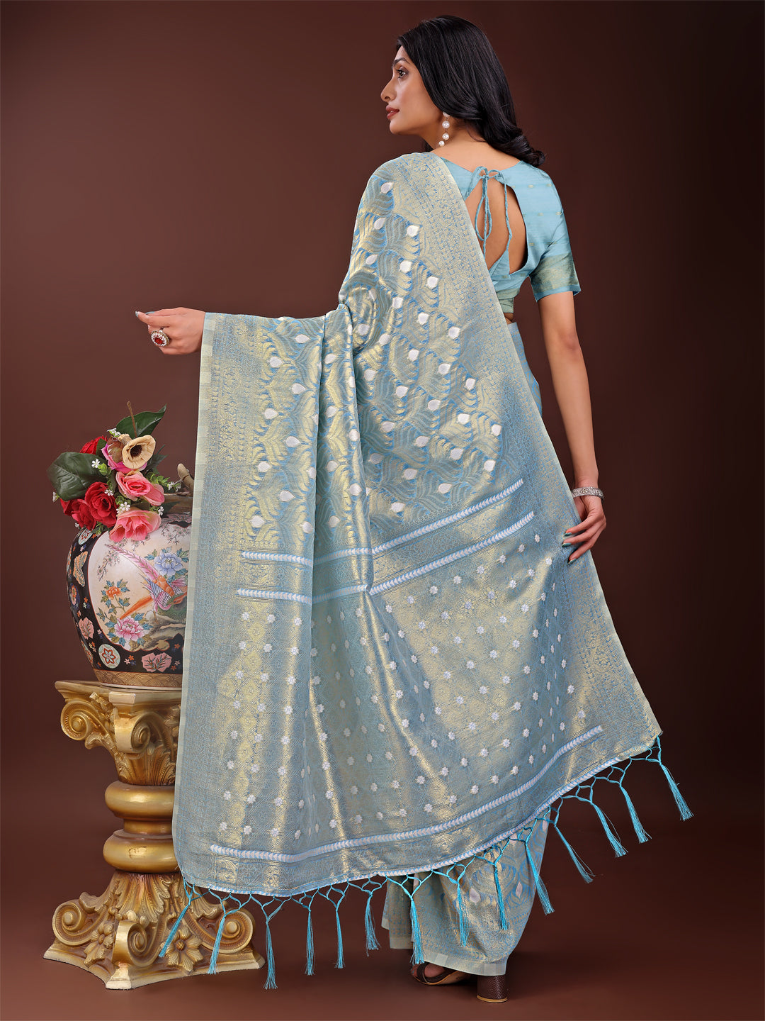 Sky Blue Colour Cotton Saree With Printed Work With Blouse Piece