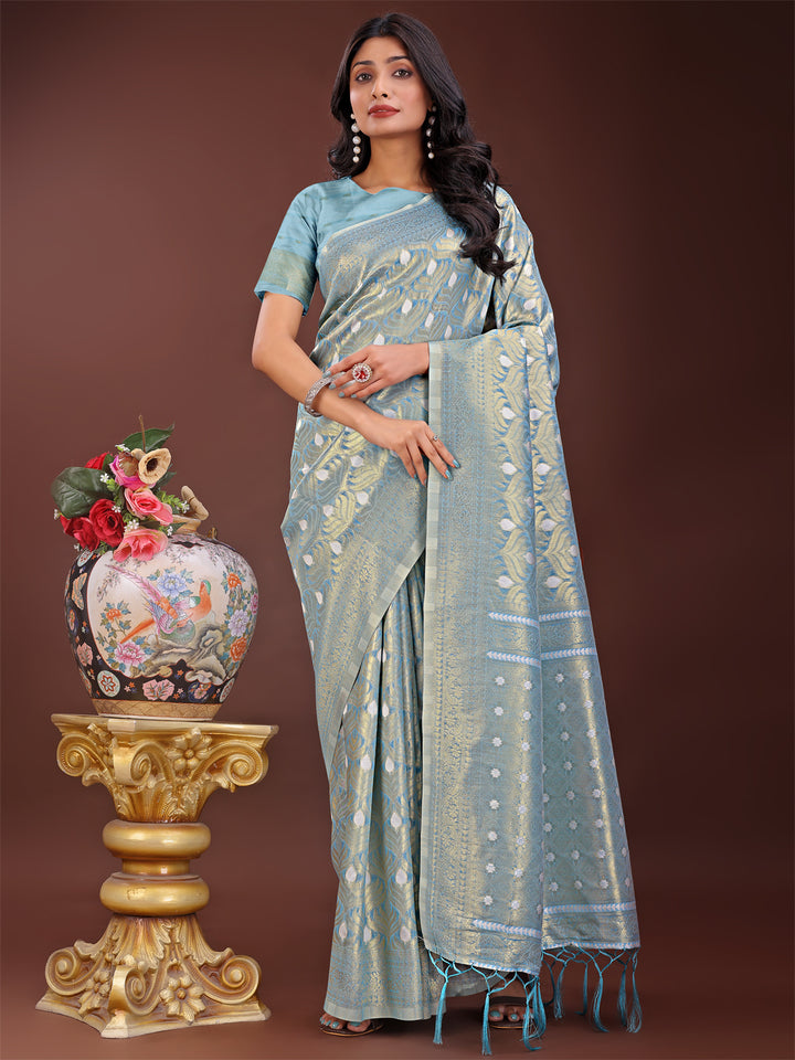 Sky Blue Colour Cotton Saree With Printed Work With Blouse Piece