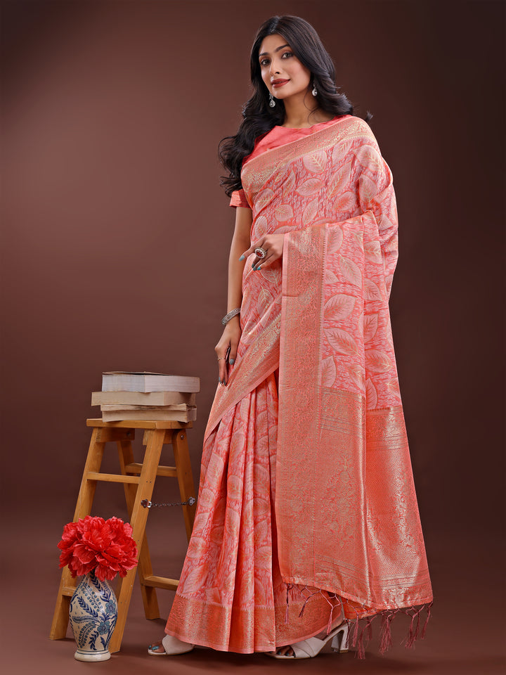 Peach Colour Cotton Saree Printed Work With Blouse Piece