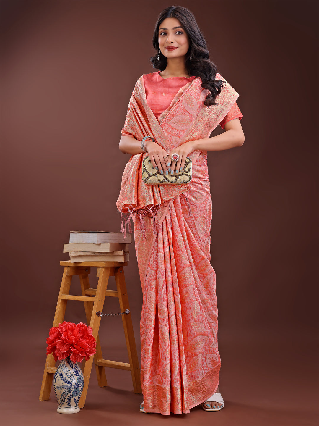 Peach Colour Cotton Saree Printed Work With Blouse Piece