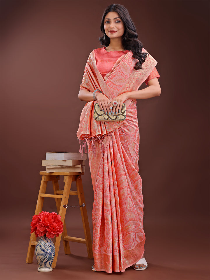 Peach Colour Cotton Saree Printed Work With Blouse Piece