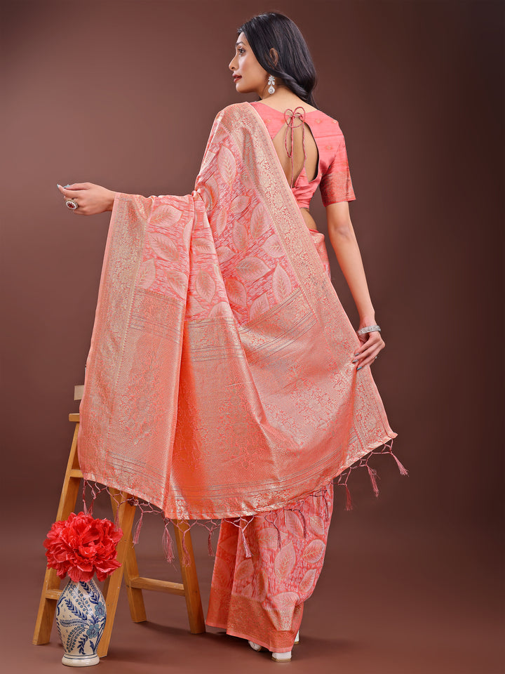 Peach Colour Cotton Saree Printed Work With Blouse Piece