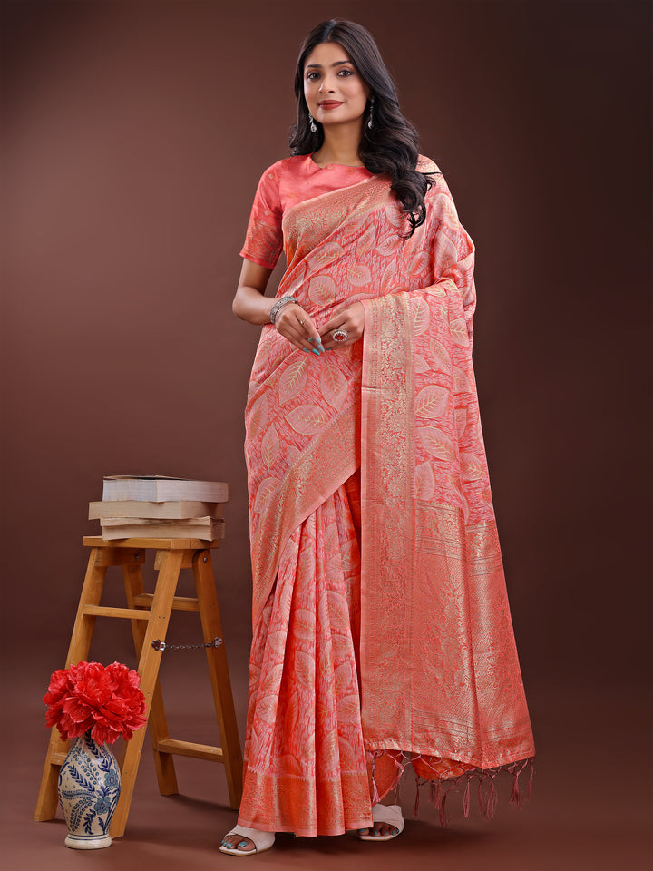 Peach Colour Cotton Saree Printed Work With Blouse Piece