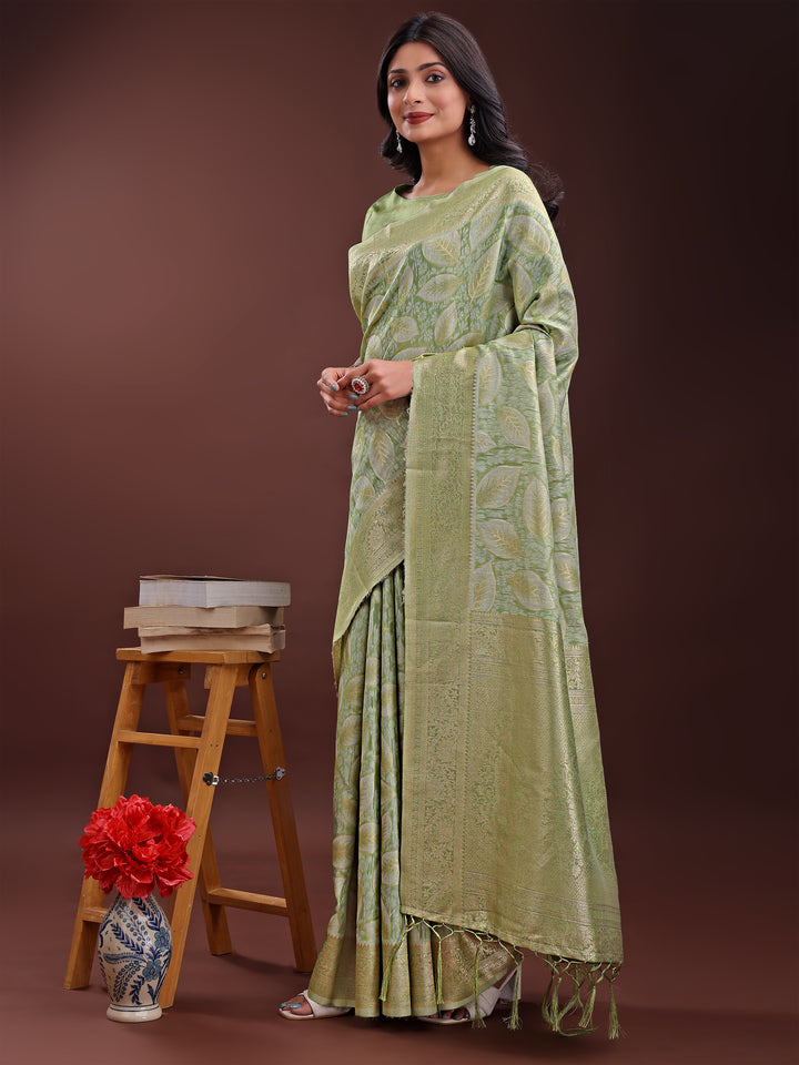 Light Green Colour Cotton Saree Printed Work With Blouse Piece