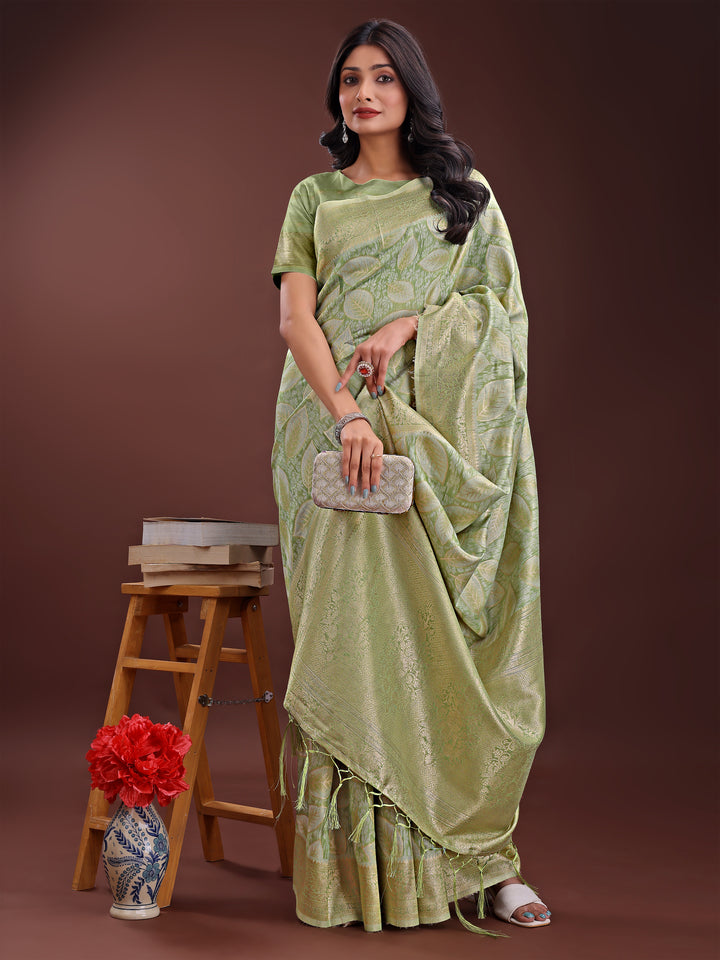 Light Green Colour Cotton Saree Printed Work With Blouse Piece