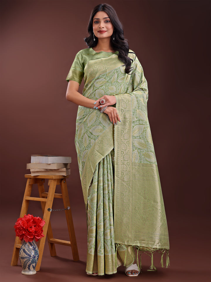 Light Green Colour Cotton Saree Printed Work With Blouse Piece