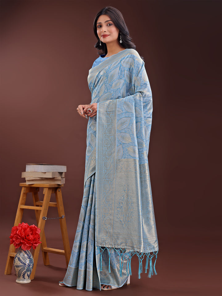 Sky Blue Colour Cotton Saree Printed Work With Blouse Piece
