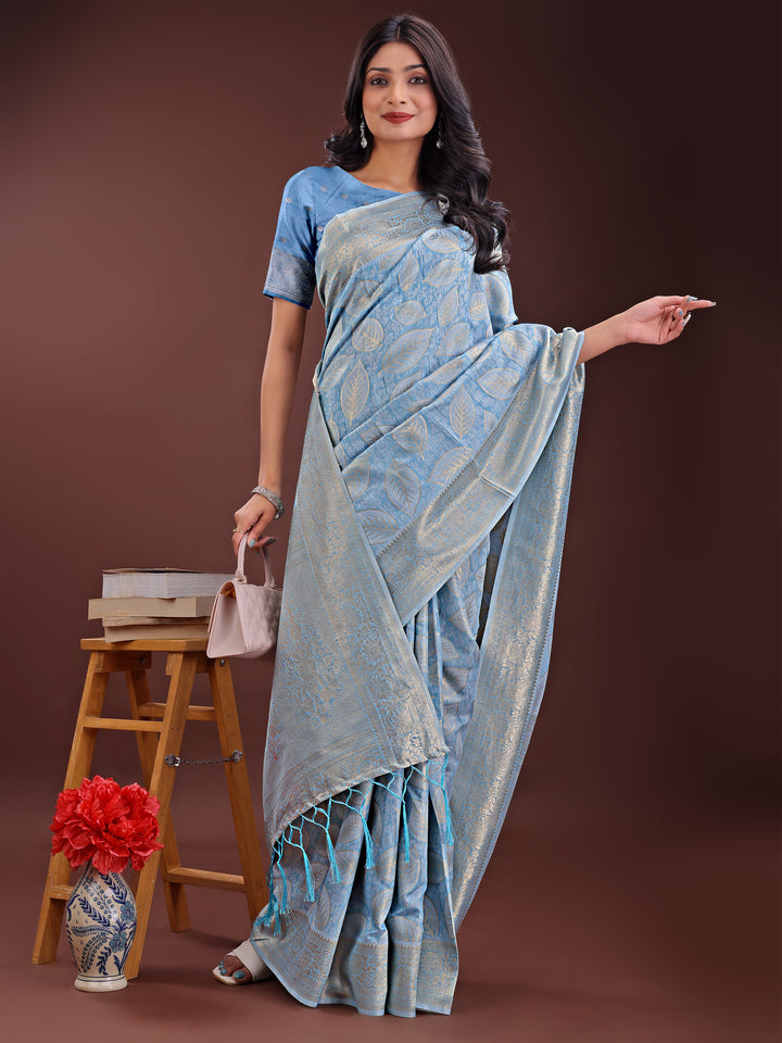 Sky Blue Colour Cotton Saree Printed Work With Blouse Piece