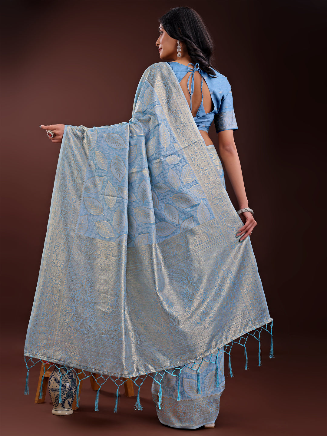 Sky Blue Colour Cotton Saree Printed Work With Blouse Piece