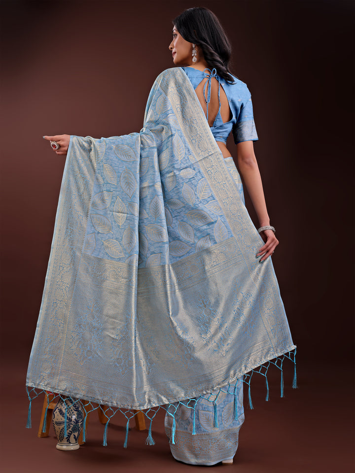 Sky Blue Colour Cotton Saree Printed Work With Blouse Piece