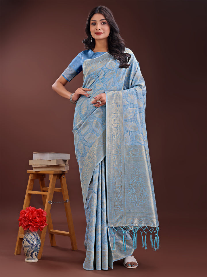 Sky Blue Colour Cotton Saree Printed Work With Blouse Piece