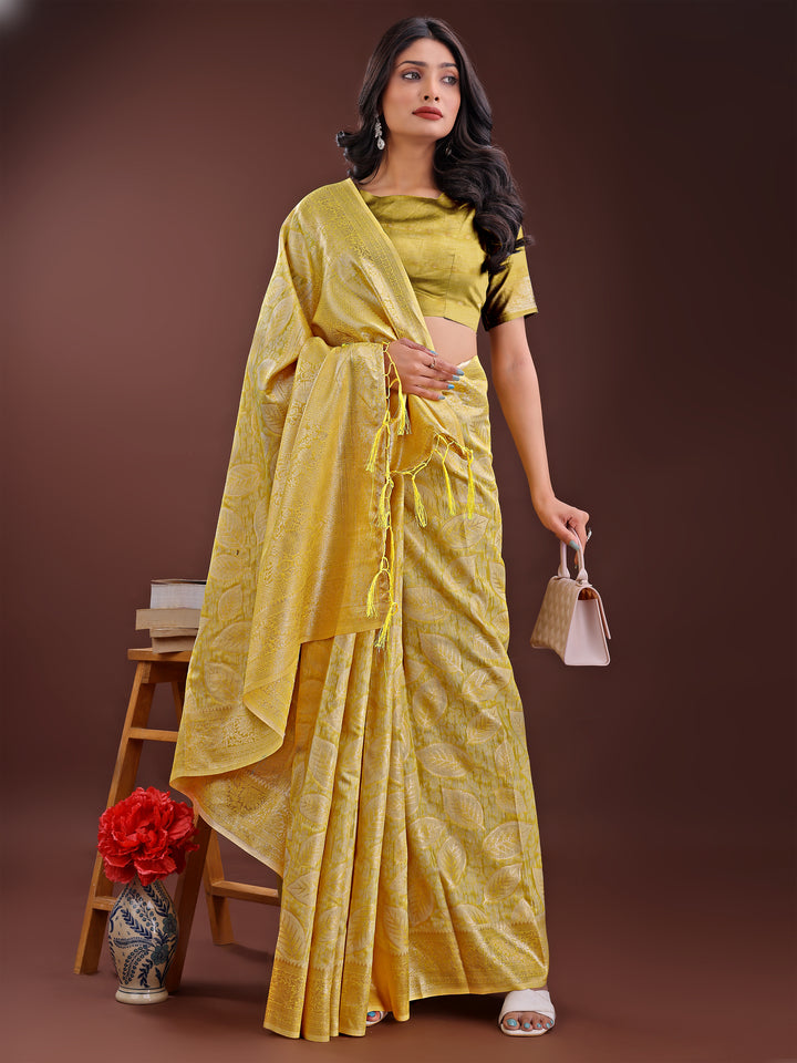 Yellow Colour Cotton Saree Printed Work With Blouse Piece