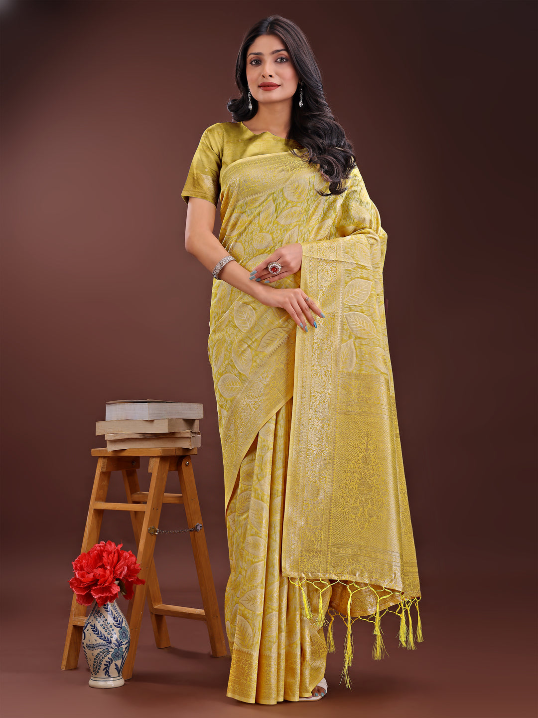 Yellow Colour Cotton Saree Printed Work With Blouse Piece
