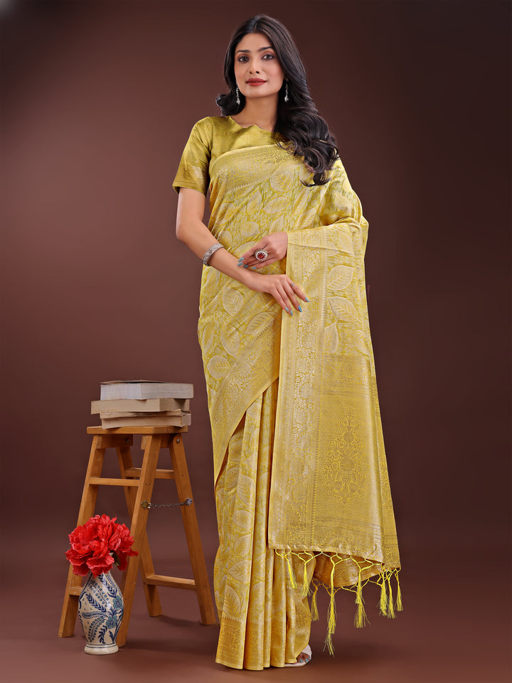 Yellow Colour Cotton Saree Printed Work With Blouse Piece