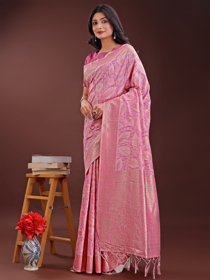 Pink Colour Cotton Saree Printed Work With Blouse Piece