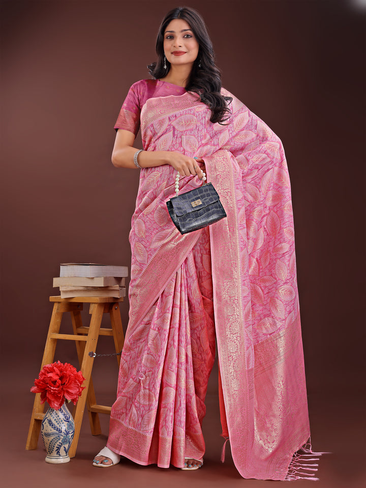 Pink Colour Cotton Saree Printed Work With Blouse Piece