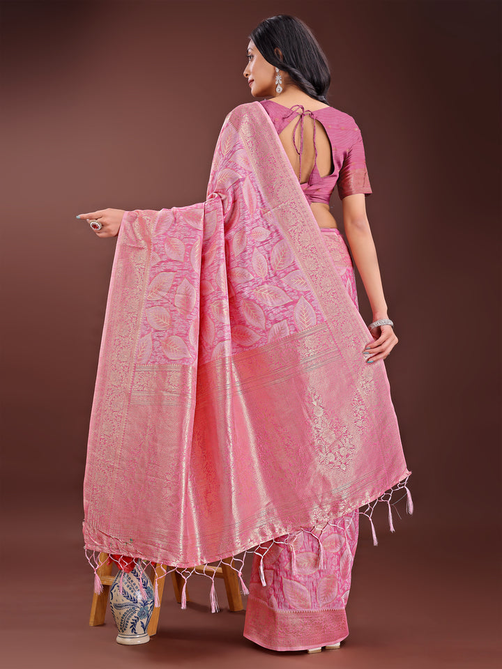 Pink Colour Cotton Saree Printed Work With Blouse Piece