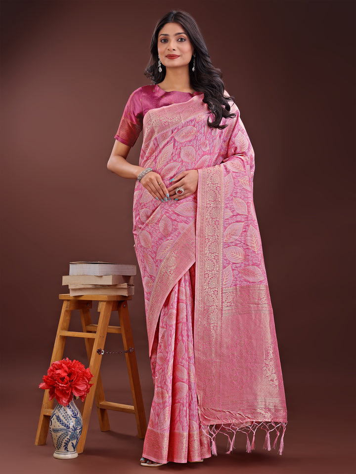 Pink Colour Cotton Saree Printed Work With Blouse Piece