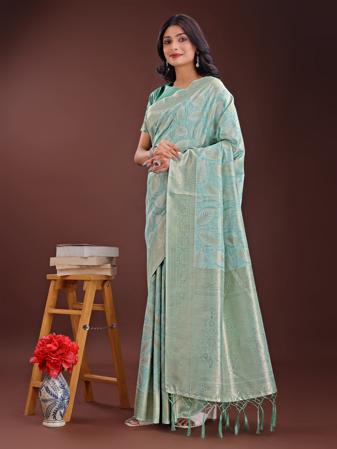 Sea Green Colour Cotton Saree Printed Work With Blouse Piece