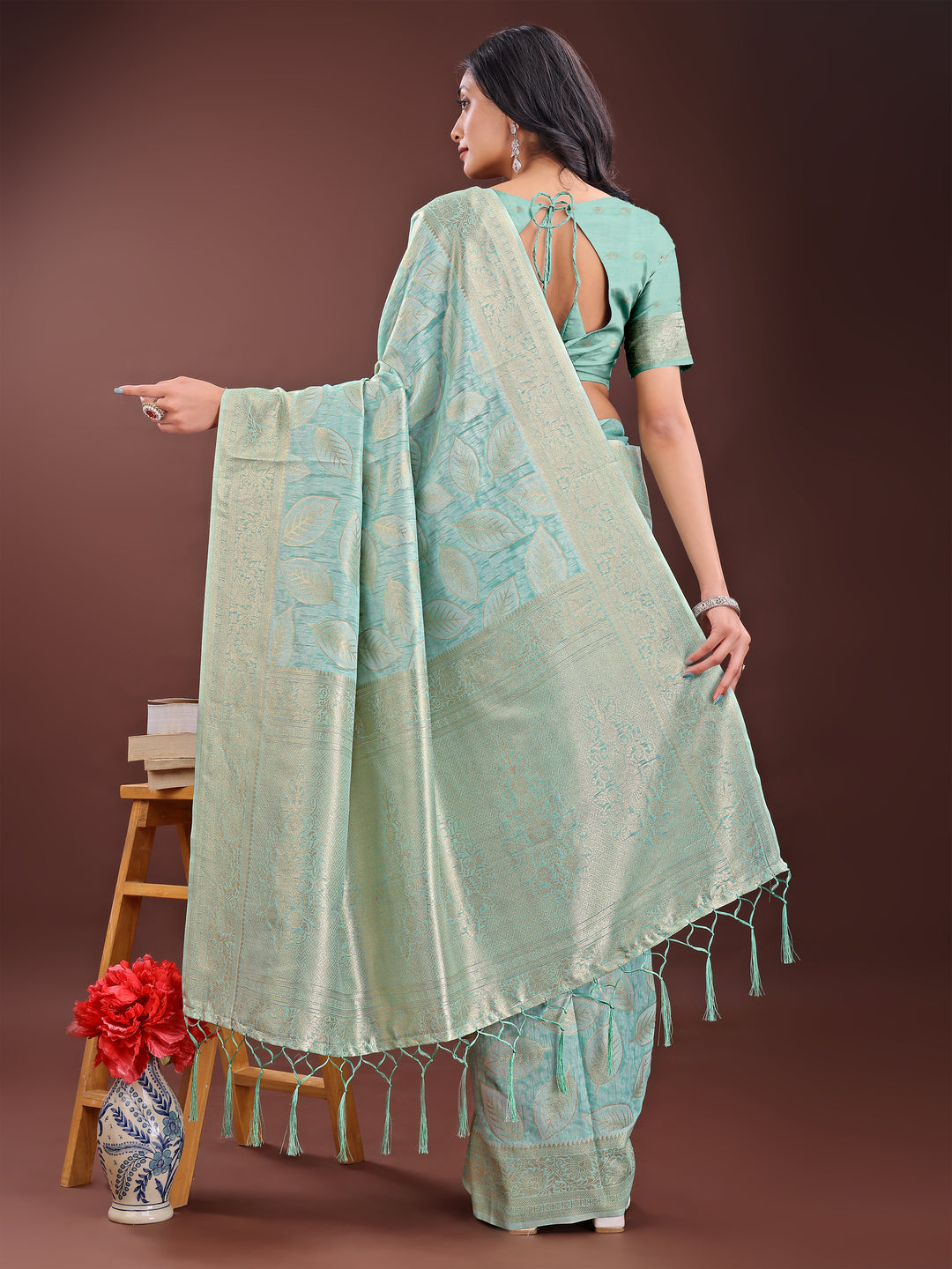 Sea Green Colour Cotton Saree Printed Work With Blouse Piece