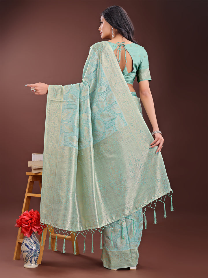 Sea Green Colour Cotton Saree Printed Work With Blouse Piece