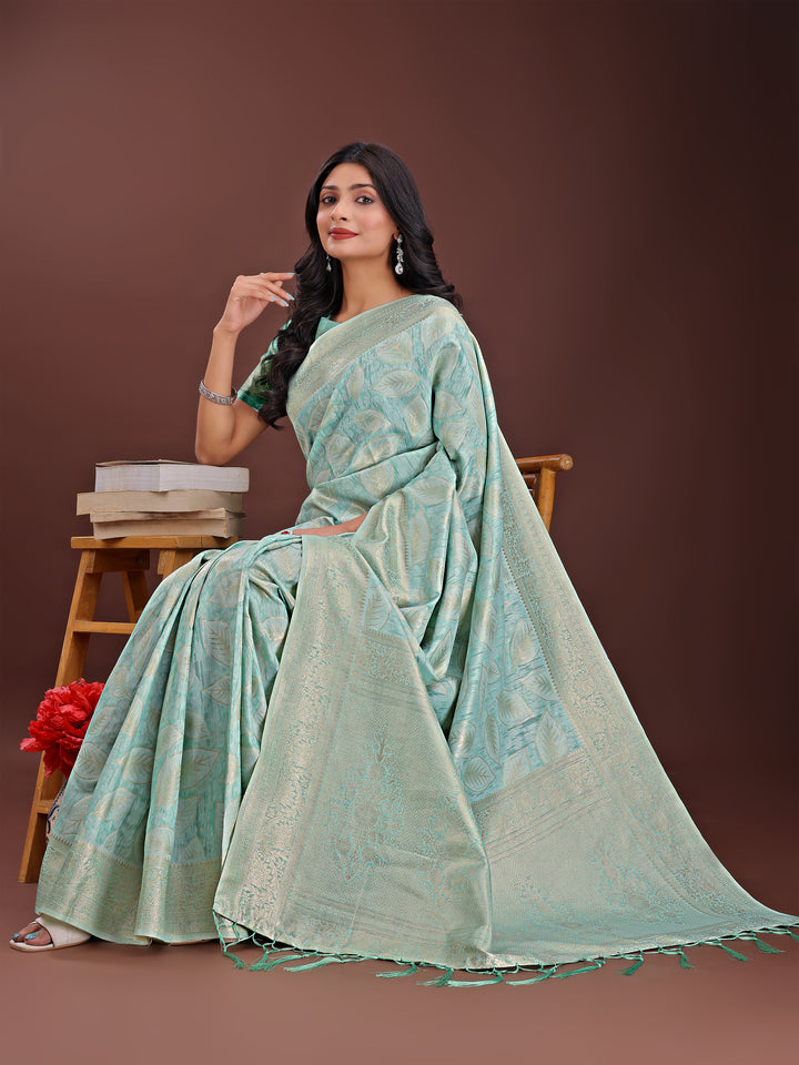 Sea Green Colour Cotton Saree Printed Work With Blouse Piece