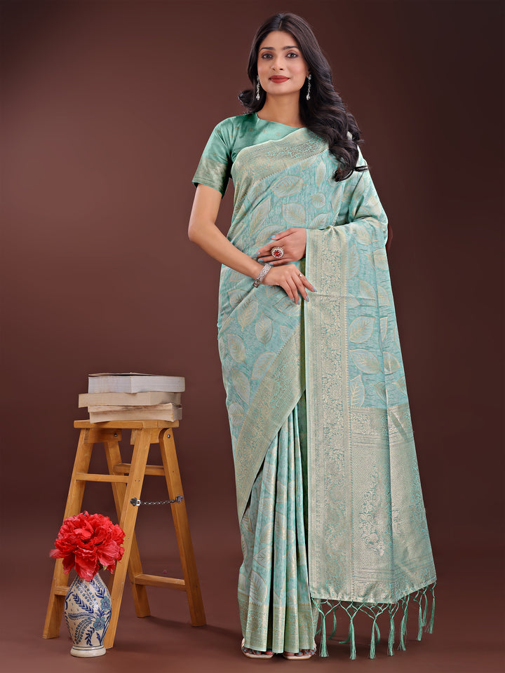 Sea Green Colour Cotton Saree Printed Work With Blouse Piece