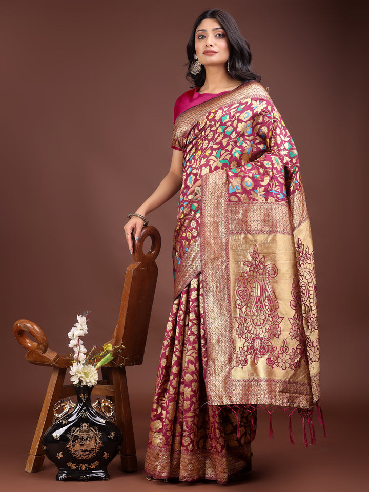 Magenta Colour Lichi Silk Saree Weaving Work With Blouse Piece