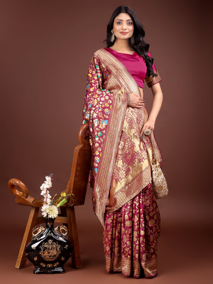 Magenta Colour Lichi Silk Saree Weaving Work With Blouse Piece