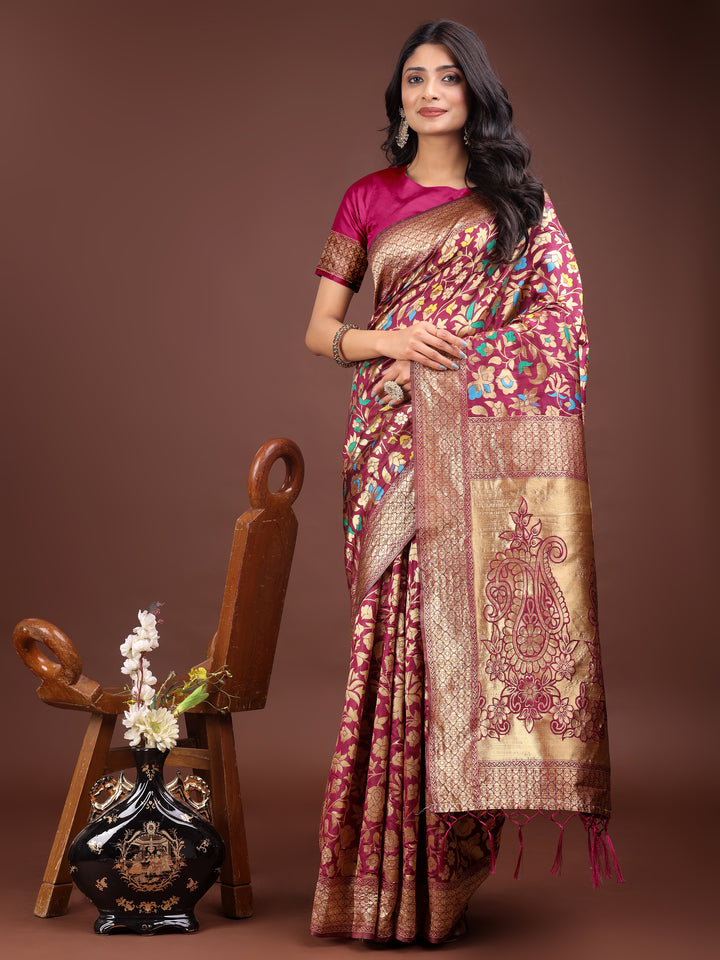 Magenta Colour Lichi Silk Saree Weaving Work With Blouse Piece