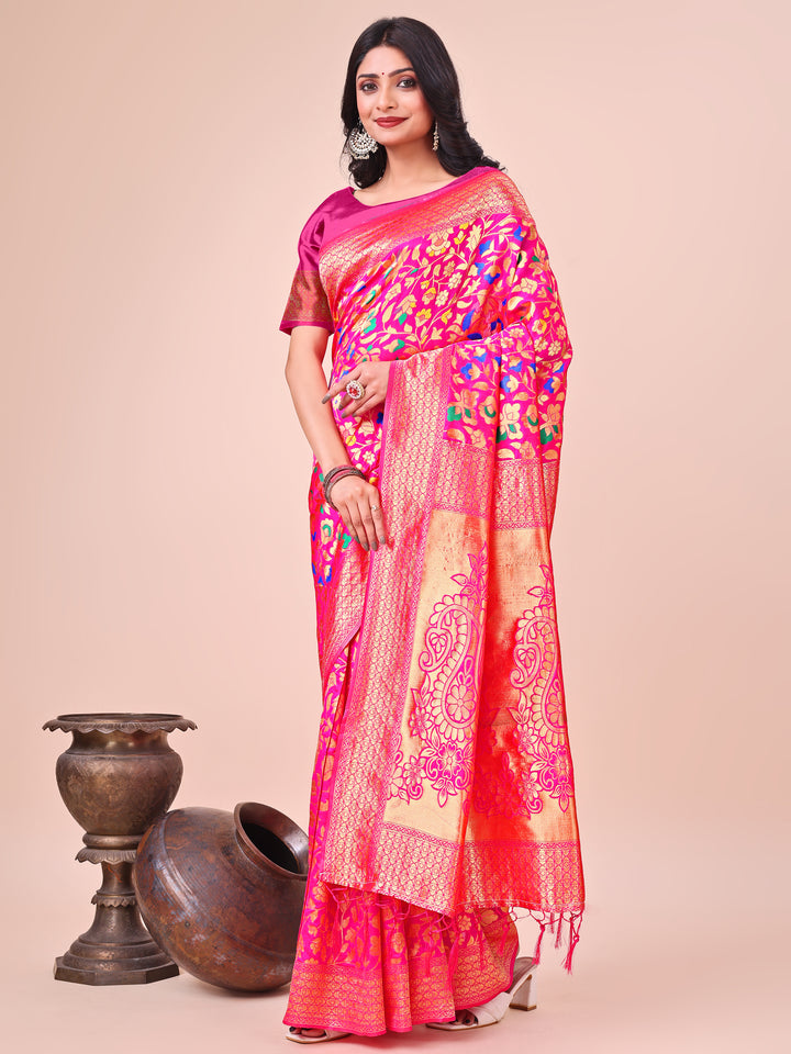 Pink Colour Lichi Silk Saree Weaving Work With Blouse Piece