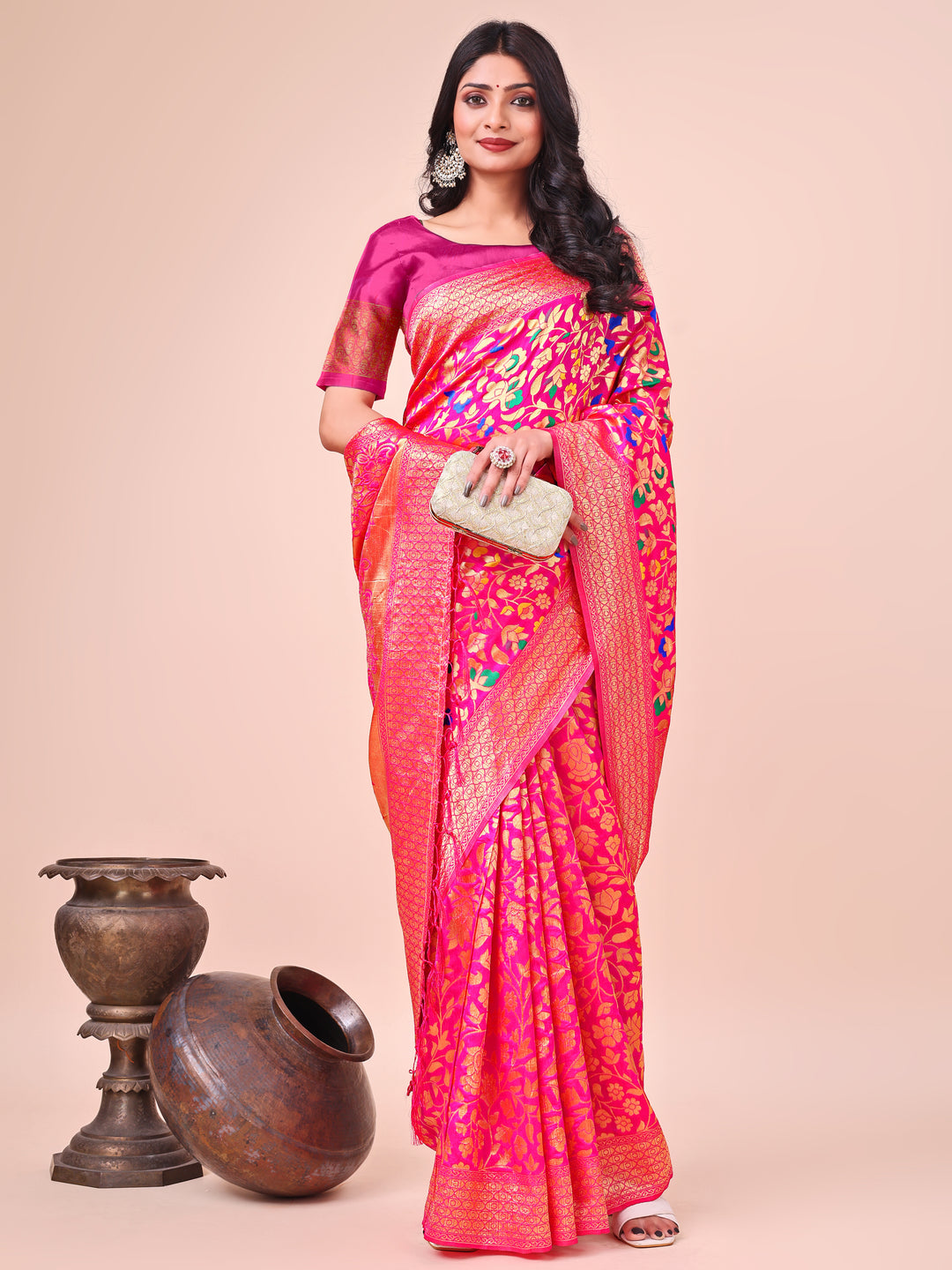 Pink Colour Lichi Silk Saree Weaving Work With Blouse Piece