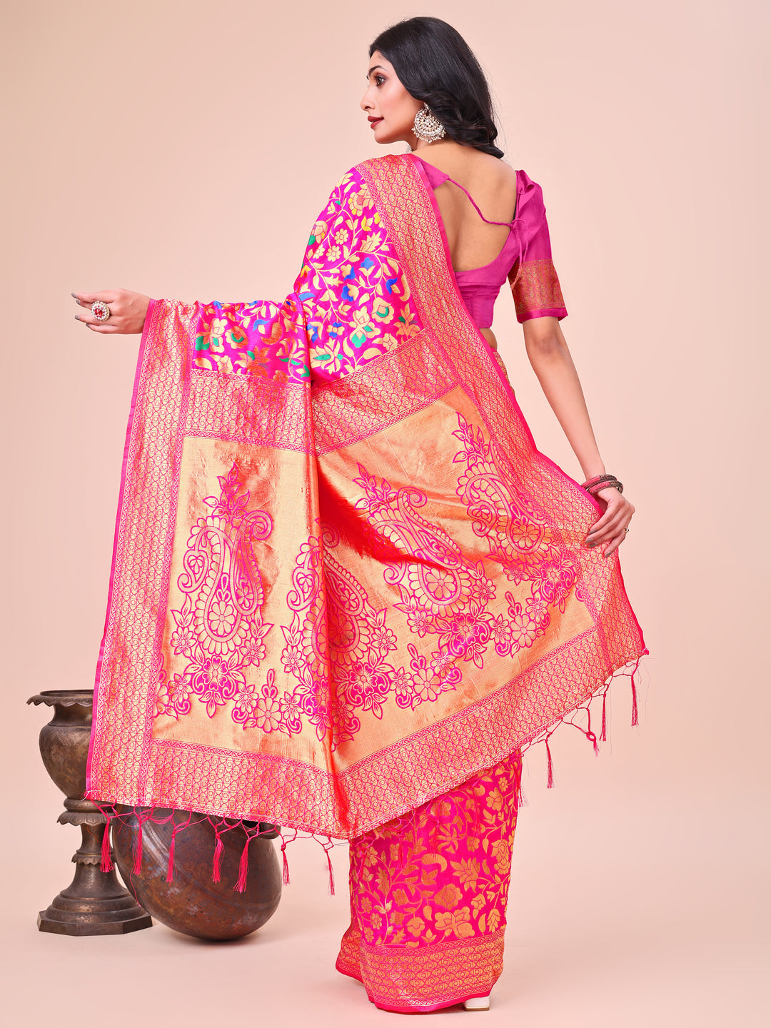 Pink Colour Lichi Silk Saree Weaving Work With Blouse Piece