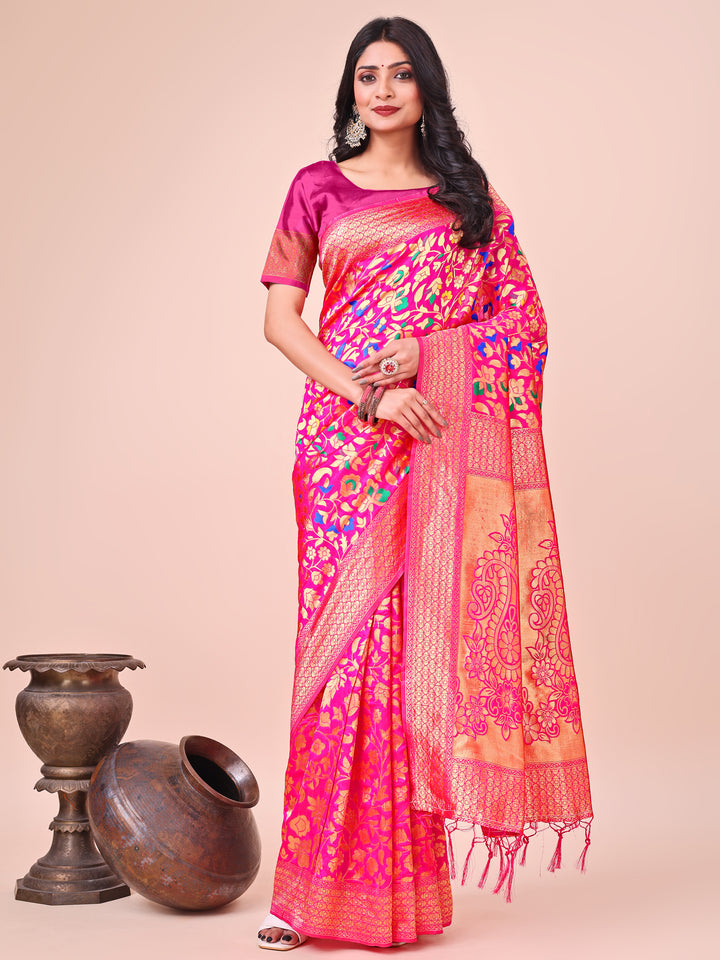Pink Colour Lichi Silk Saree Weaving Work With Blouse Piece