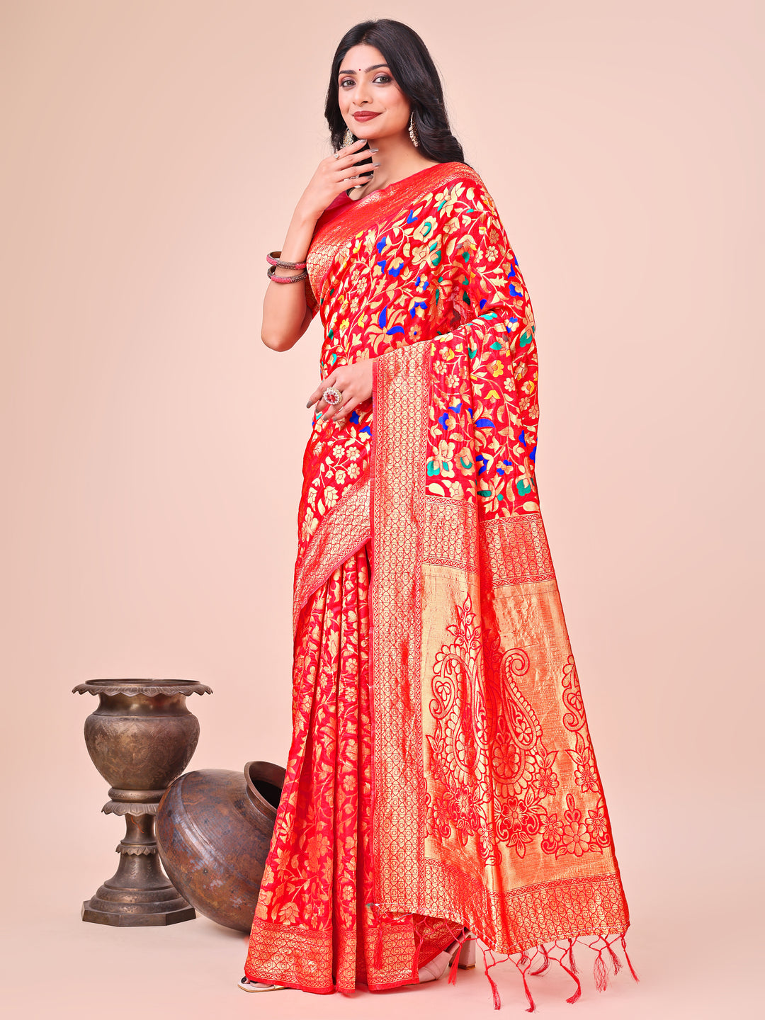 Red Colour Lichi Silk Saree Weaving Work With Blouse Piece