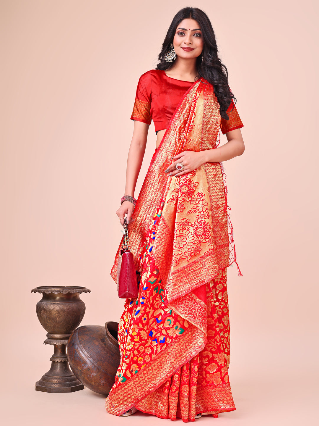 Red Colour Lichi Silk Saree Weaving Work With Blouse Piece