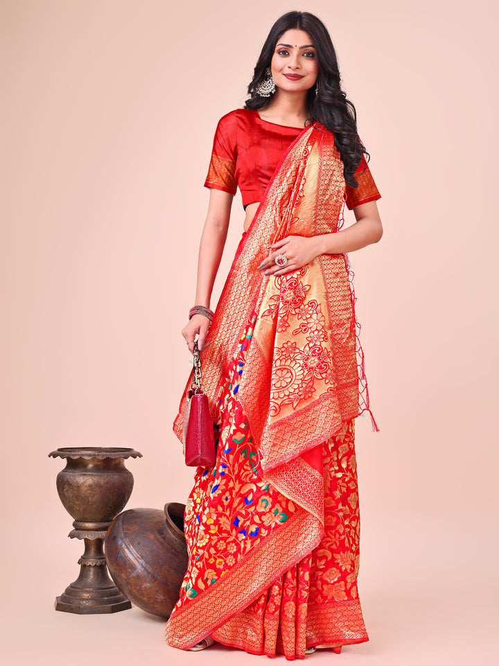 Red Colour Lichi Silk Saree Weaving Work With Blouse Piece