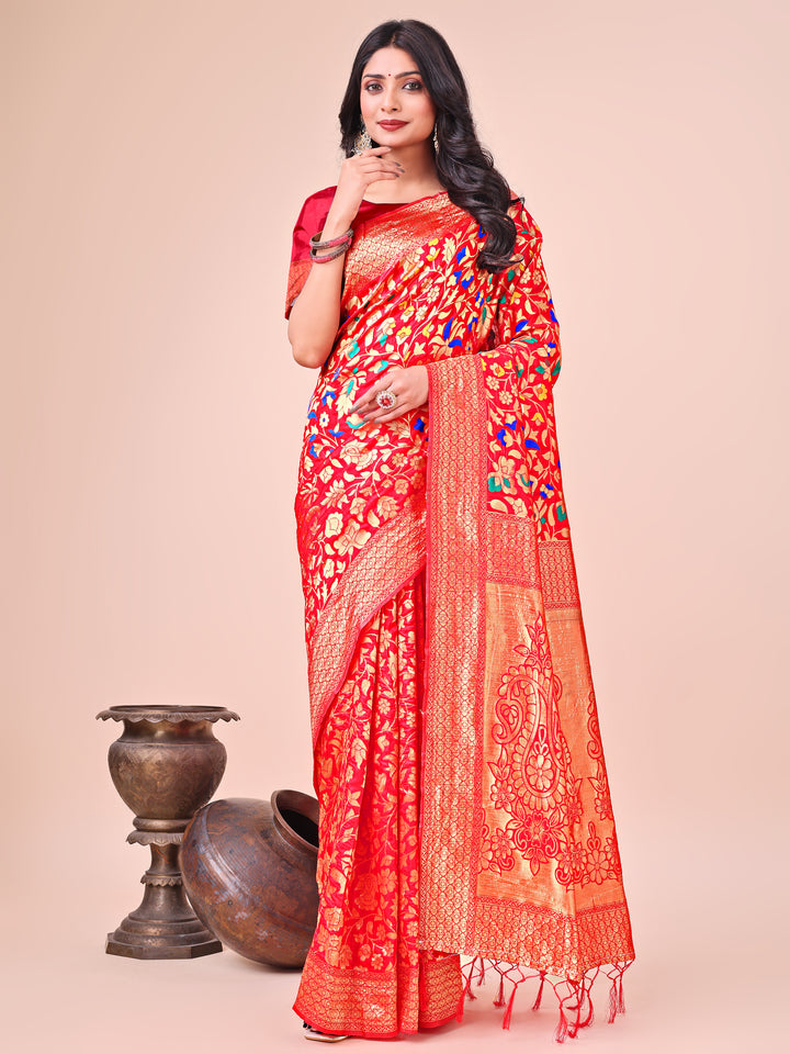 Red Colour Lichi Silk Saree Weaving Work With Blouse Piece