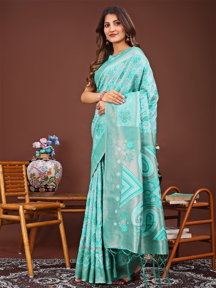 Sea Green Colour Linen Cotton Printed Work Saree With Blouse Piece