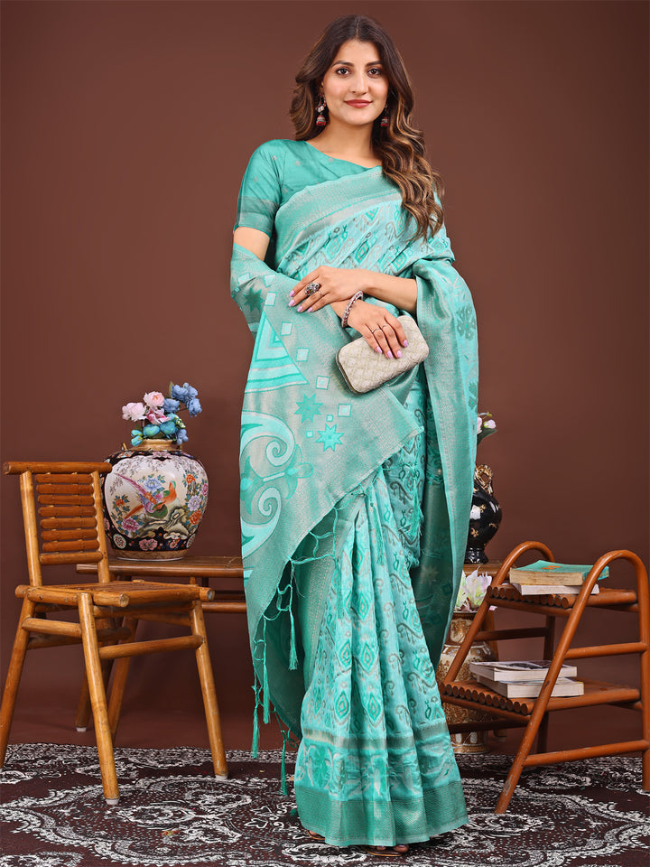 Sea Green Colour Linen Cotton Printed Work Saree With Blouse Piece