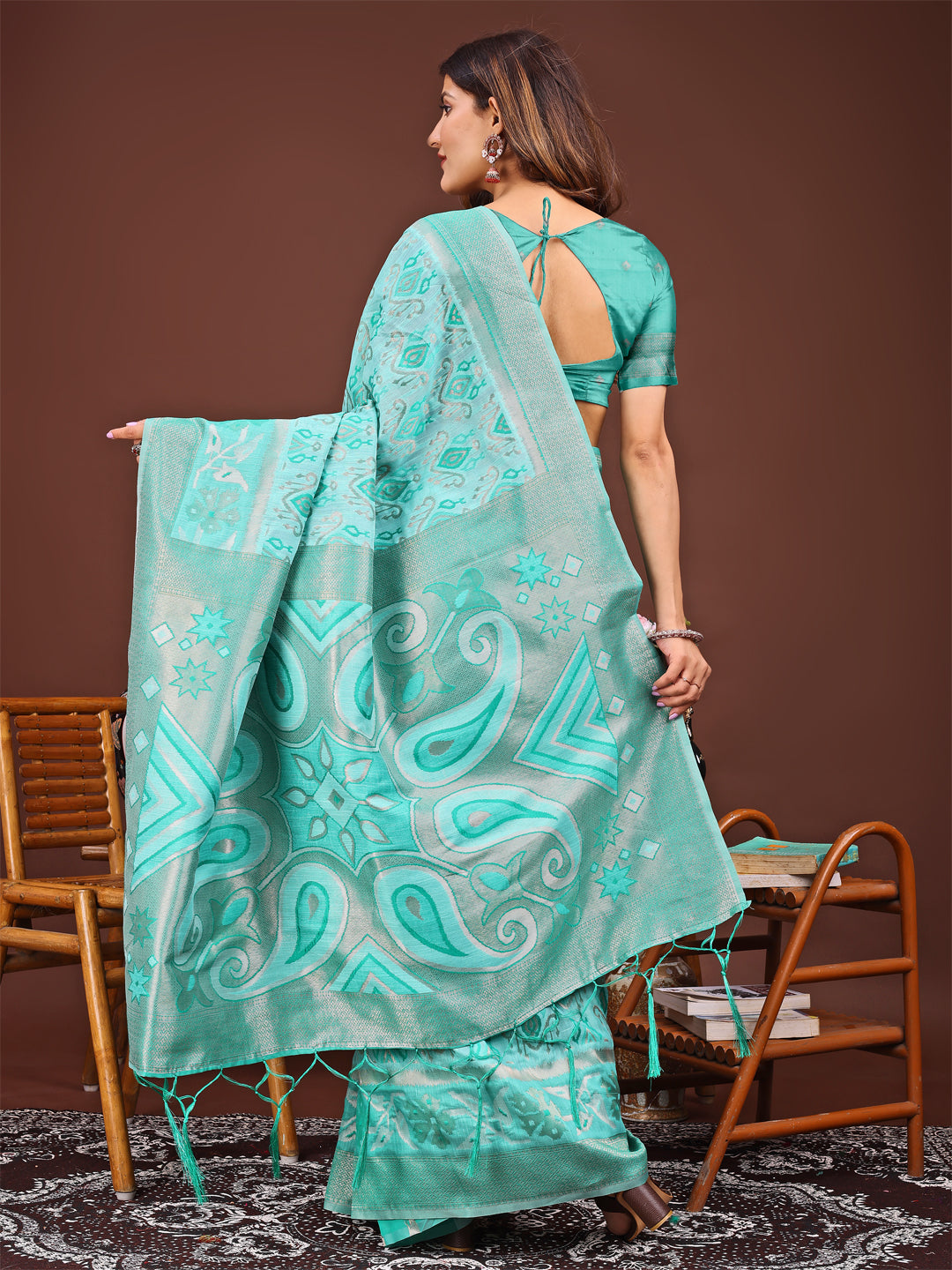 Sea Green Colour Linen Cotton Printed Work Saree With Blouse Piece