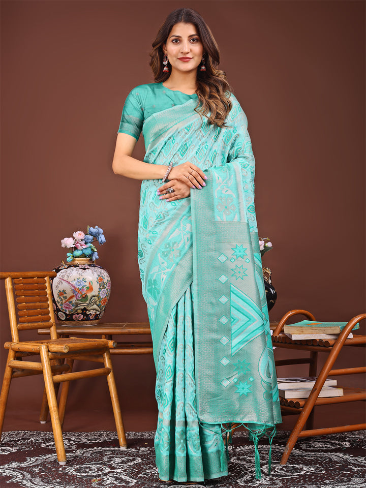 Sea Green Colour Linen Cotton Printed Work Saree With Blouse Piece