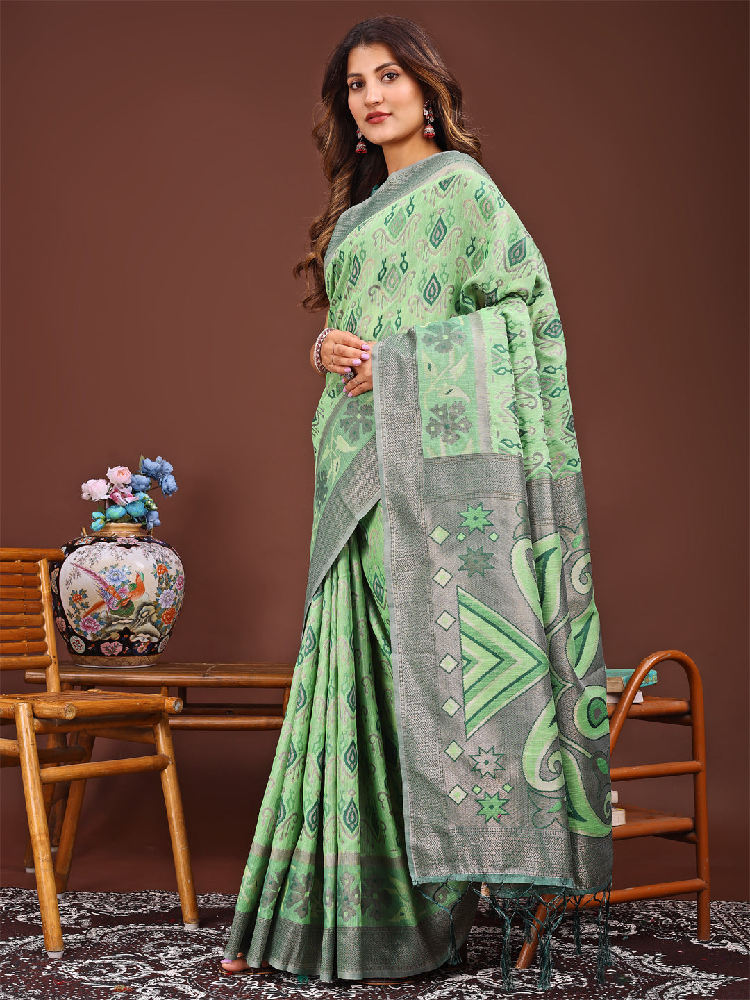 Light Green Colour Linen Cotton Printed Work Saree With Blouse Piece