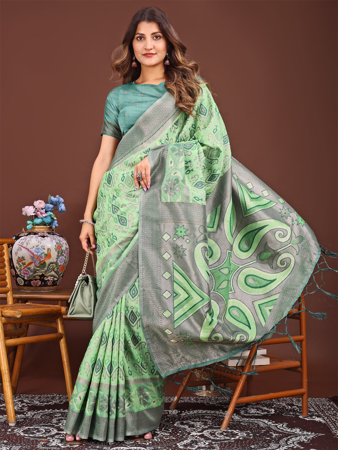 Light Green Colour Linen Cotton Printed Work Saree With Blouse Piece