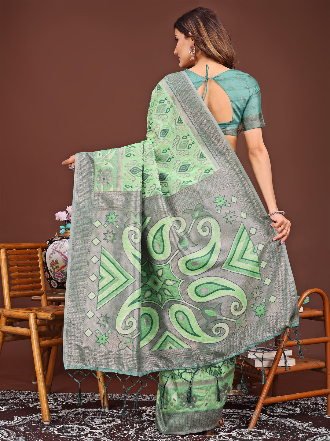 Light Green Colour Linen Cotton Printed Work Saree With Blouse Piece