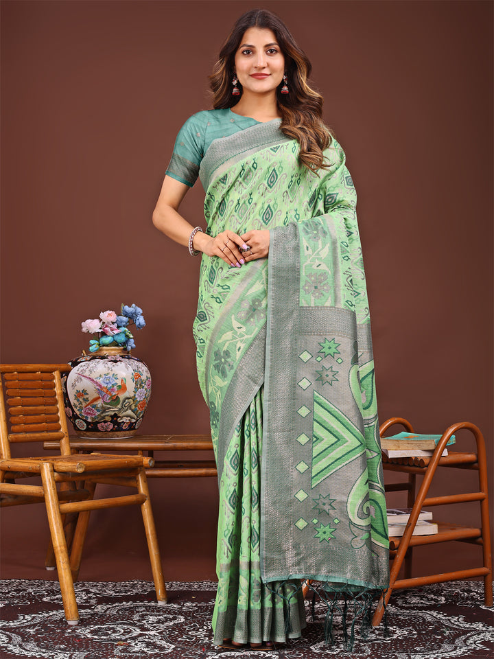 Light Green Colour Linen Cotton Printed Work Saree With Blouse Piece